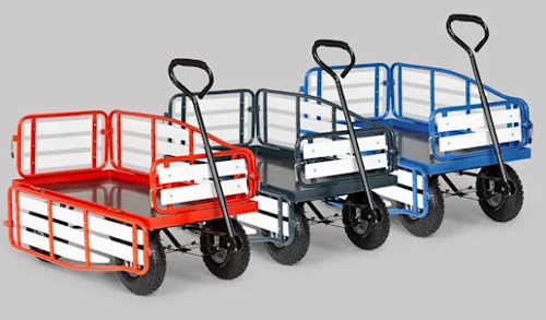 Ručné záhradné vozíky v rôznych farebných variantoch