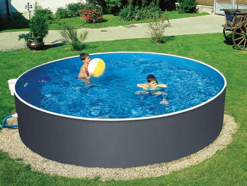 Šedý ocelový zahradní bazén kruhového tvaru